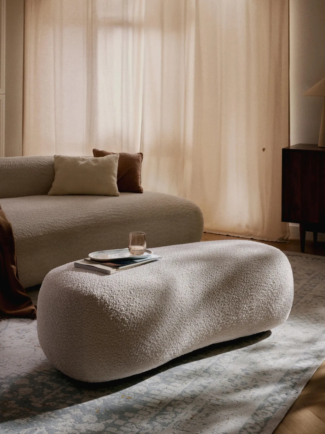 Reposapiés|Sofás>Westwing Collection Puf reposapiés grande de borreguillo bouclé Alba Borreguillo bouclé blanco Off White