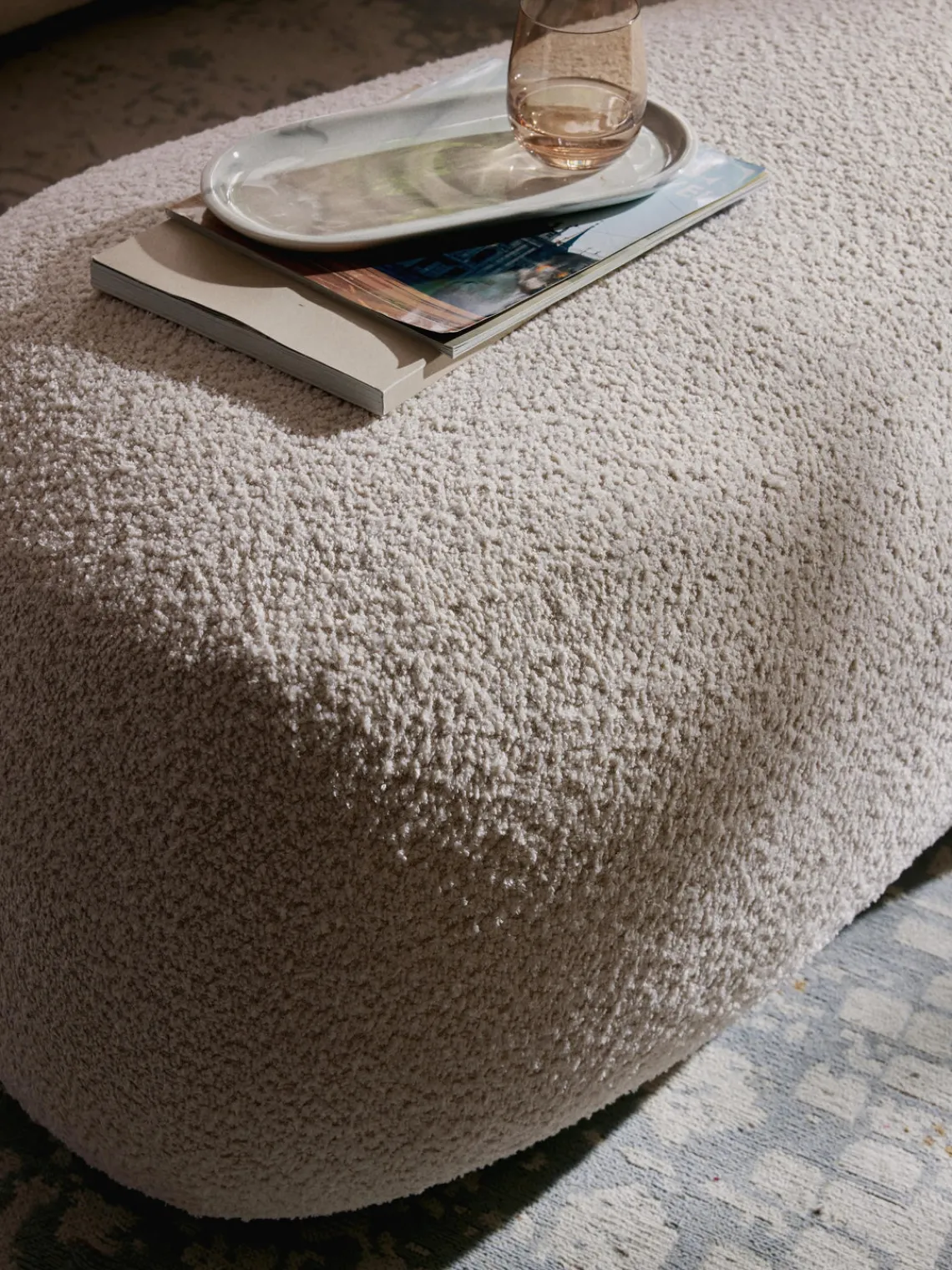 Reposapiés|Sofás>Westwing Collection Puf reposapiés grande de borreguillo bouclé Alba Borreguillo bouclé blanco Off White