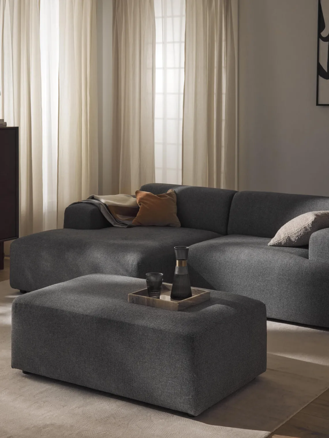 Reposapiés|Sofás>Westwing Collection Puf reposapiés grande Melva, 116 x 72 cm Tejido grueso gris oscuro