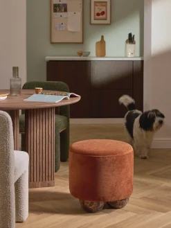 Pufs Y Otomanos|Pufs Y Otomanos>Westwing Collection Puf reposapiés tapizado con patas de bola de mármol Lino Tejido terracota, marrón claro en aspecto de mármol