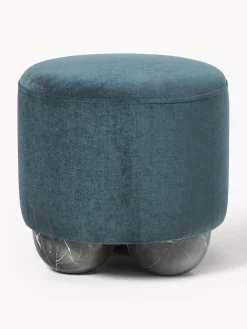 Pufs Y Otomanos|Pufs Y Otomanos>Westwing Collection Puf reposapiés tapizado con patas de bola de mármol Lino Tejido azul petróleo, gris antracita en aspecto de mármol