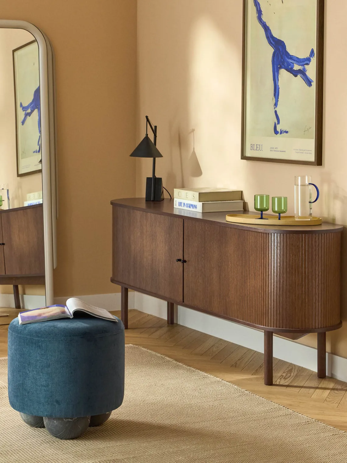 Pufs Y Otomanos|Pufs Y Otomanos>Westwing Collection Puf reposapiés tapizado con patas de bola de mármol Lino Tejido azul petróleo, gris antracita en aspecto de mármol