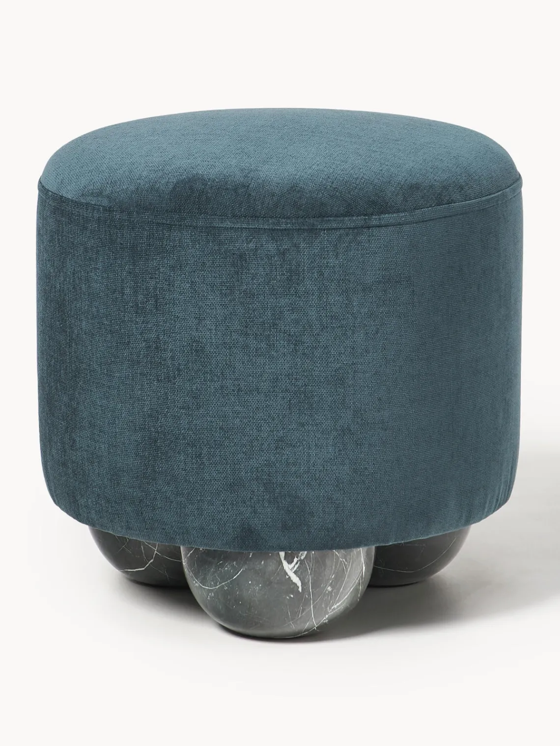 Pufs Y Otomanos|Pufs Y Otomanos>Westwing Collection Puf reposapiés tapizado con patas de bola de mármol Lino Tejido azul petróleo, gris antracita en aspecto de mármol