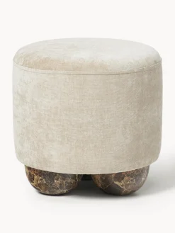Pufs Y Otomanos|Pufs Y Otomanos>Westwing Collection Puf reposapiés tapizado con patas de bola de mármol Lino Tejido beige, marrón claro en aspecto de mármol