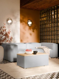 Reposapiés|Sofás>Westwing Collection Reposapiés puf con espacio de almacenamiento Lennon Tejido gris, madera de roble clara