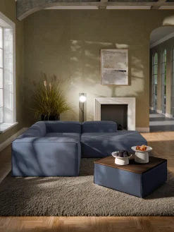 Reposapiés|Sofás>Westwing Collection Reposapiés puf con espacio de almacenamiento Lennon Tejido azul oscuro, madera de roble oscura