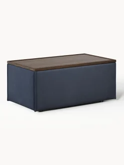 Reposapiés|Sofás>Westwing Collection Reposapiés puf con espacio de almacenamiento Lennon Tejido azul oscuro, madera de roble oscura
