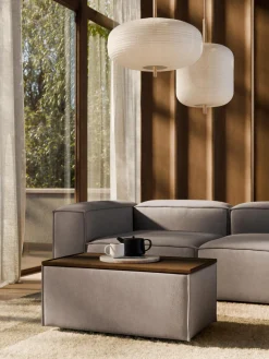 Reposapiés|Sofás>Westwing Collection Reposapiés puf con espacio de almacenamiento Lennon Tejido taupe, madera de roble oscura