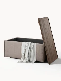 Reposapiés|Sofás></noscript>Westwing Collection Reposapiés puf con espacio de almacenamiento Lennon Tejido taupe, madera de roble oscura