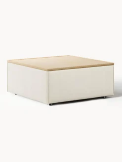 Reposapiés|Sofás>Westwing Collection Reposapiés puf con espacio de almacenamiento Lennon Tejido blanco Off White, madera de roble clara