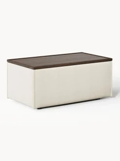 Reposapiés|Sofás>Westwing Collection Reposapiés puf con espacio de almacenamiento Lennon Tejido blanco Off White, madera de roble oscura