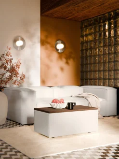 Reposapiés|Sofás>Westwing Collection Reposapiés puf con espacio de almacenamiento Lennon Tejido blanco Off White, madera de roble oscura