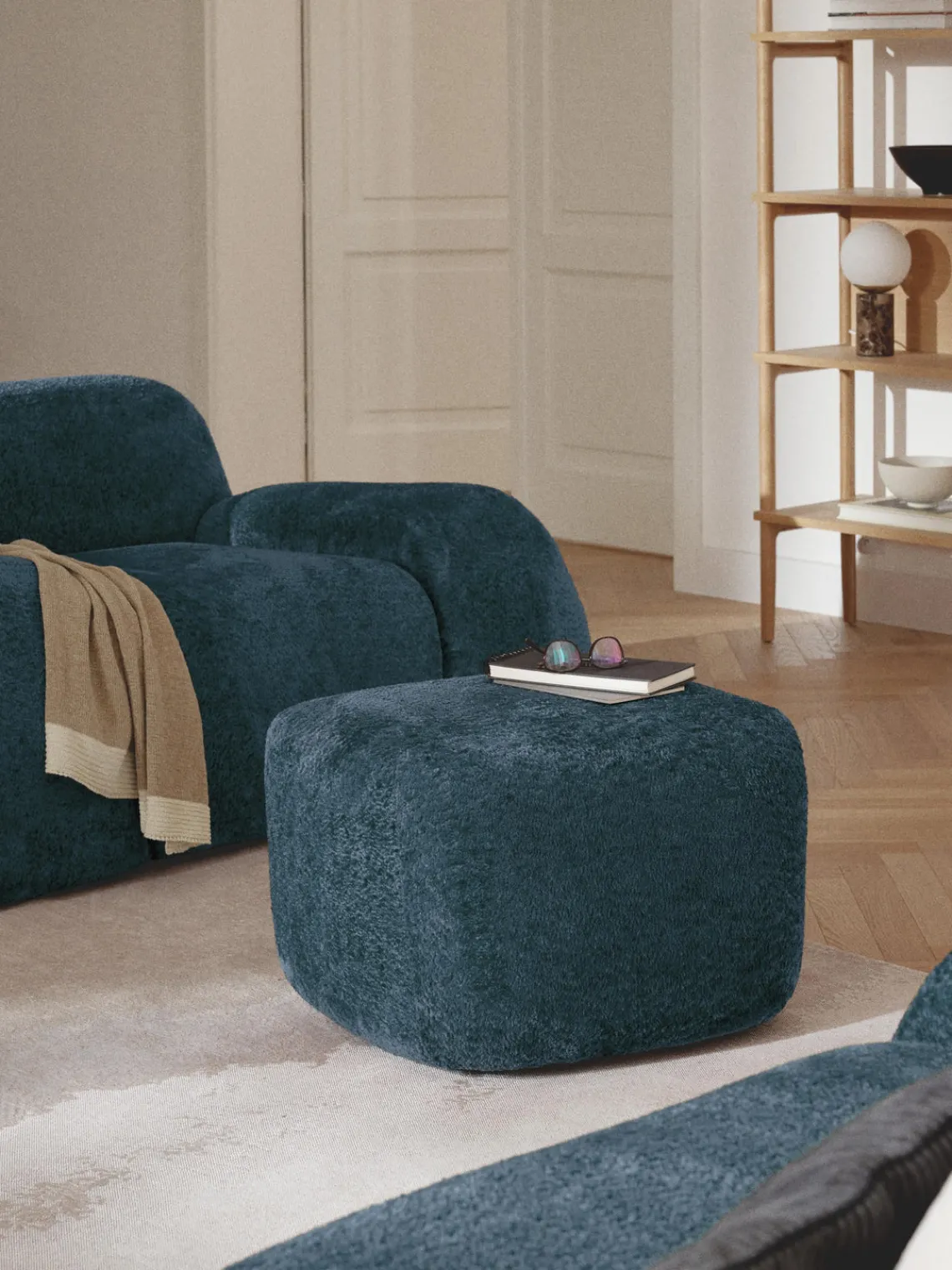 Reposapiés|Sofás>Westwing Collection Reposapiés puf de borreguillo bouclé Wolke Borreguillo bouclé azul petróleo