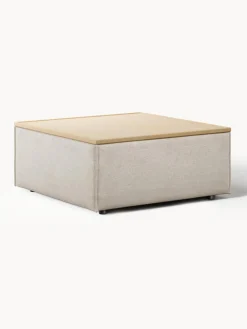 Reposapiés|Sofás>Westwing Collection Reposapiés puf de mezcla de lino con espacio de almacenamiento Lennon Mezcla de lino gris, madera de roble clara