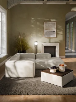 Reposapiés|Sofás>Westwing Collection Reposapiés puf de mezcla de lino con espacio de almacenamiento Lennon Mezcla de lino gris, madera de roble oscura