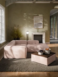 Reposapiés|Sofás>Westwing Collection Reposapiés puf de mezcla de lino con espacio de almacenamiento Lennon Mezcla de lino rojo óxido, madera de roble oscura