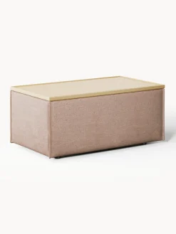 Reposapiés|Sofás>Westwing Collection Reposapiés puf de mezcla de lino con espacio de almacenamiento Lennon Mezcla de lino rojo óxido, madera de roble clara