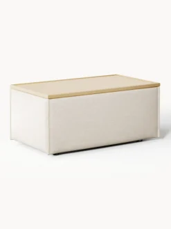 Reposapiés|Sofás>Westwing Collection Reposapiés puf de mezcla de lino con espacio de almacenamiento Lennon Mezcla de lino beige, madera de roble clara