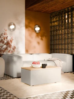 Reposapiés|Sofás>Westwing Collection Reposapiés puf de mezcla de lino con espacio de almacenamiento Lennon Mezcla de lino beige, madera de roble clara