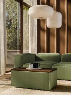 Reposapiés|Sofás>Westwing Collection Reposapiés puf de pana con espacio de almacenamiento Lennon Pana verde oliva, madera de roble oscura