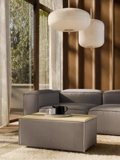 Reposapiés|Sofás>Westwing Collection Reposapiés puf de pana con espacio de almacenamiento Lennon Pana taupe, madera de roble clara