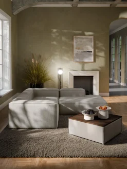 Reposapiés|Sofás>Westwing Collection Reposapiés puf de pana con espacio de almacenamiento Lennon Pana gris, madera de roble oscura