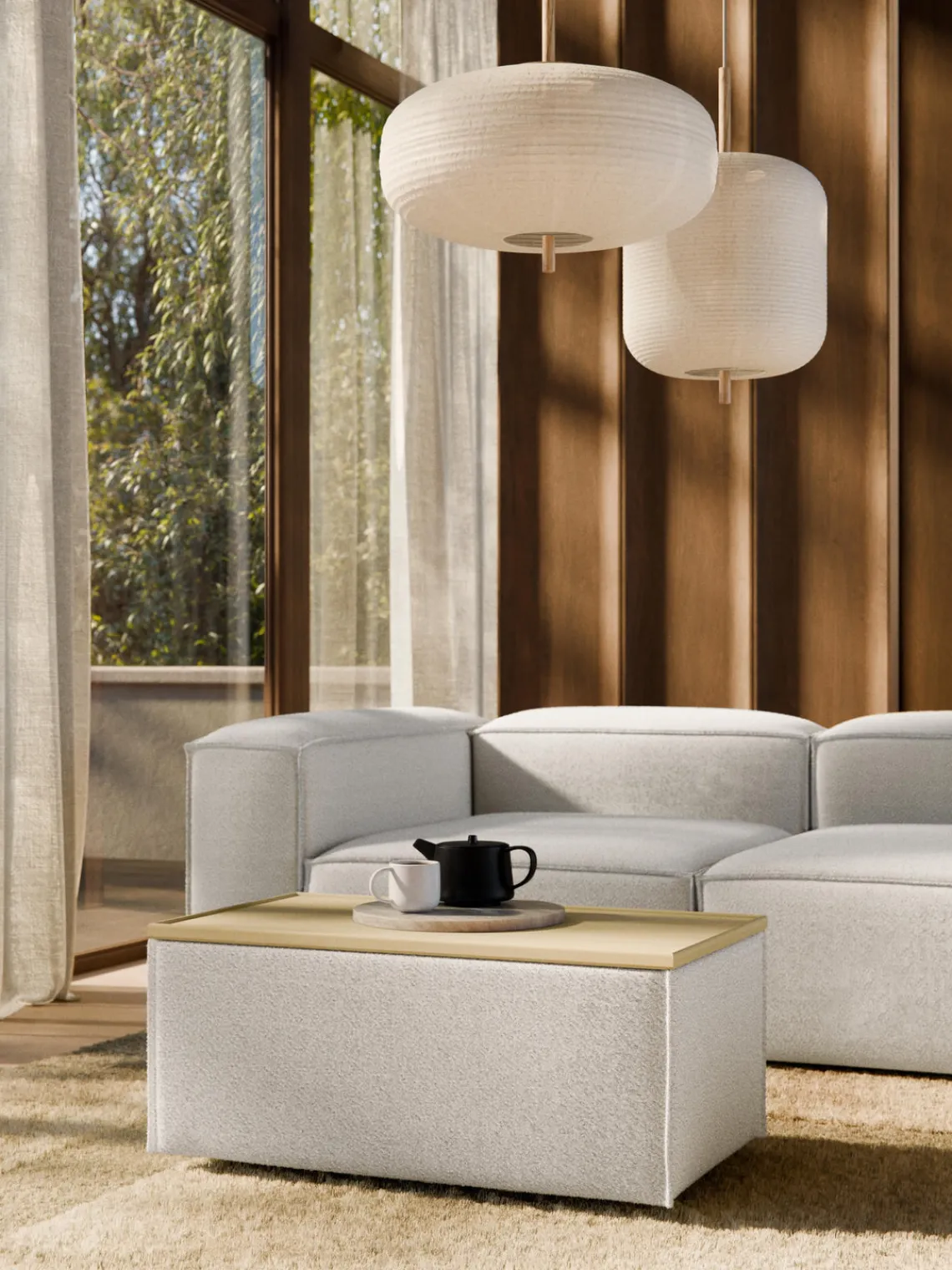 Online Reposapiés puf en tejido bouclé con espacio de almacenamiento Lennon Reposapiés|Sofás