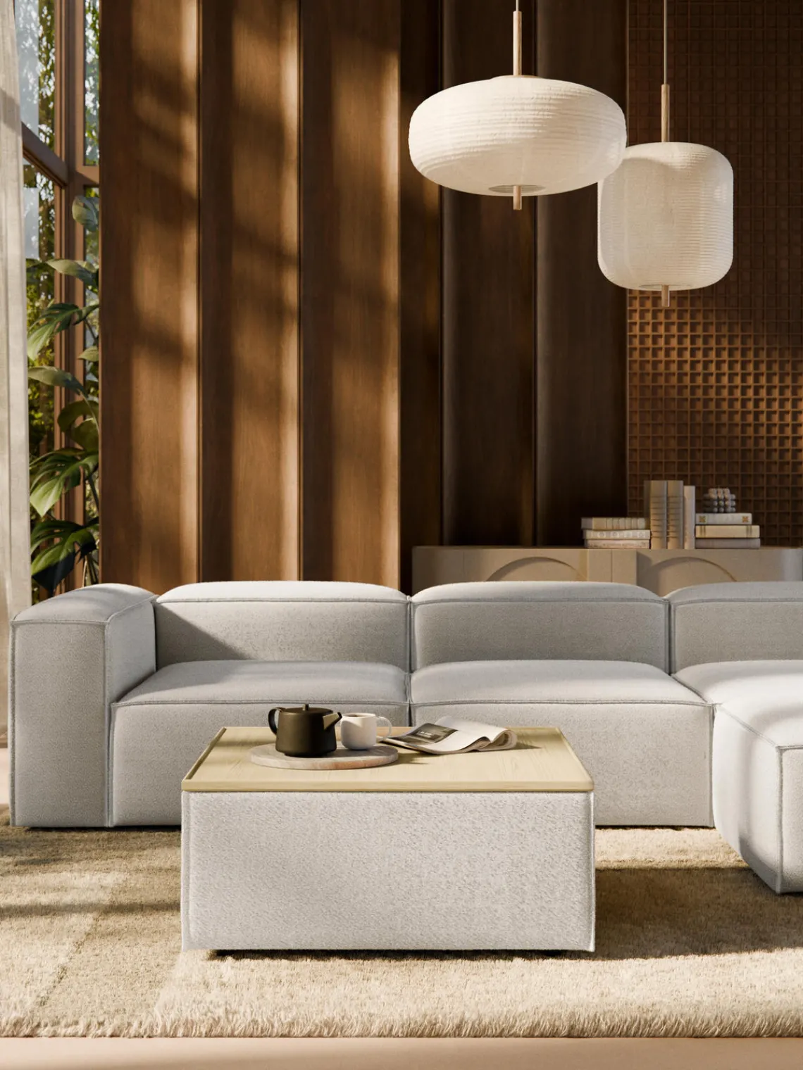 Online Reposapiés puf en tejido bouclé con espacio de almacenamiento Lennon Reposapiés|Sofás