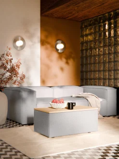 Reposapiés|Sofás>Westwing Collection Reposapiés puf en tejido bouclé con espacio de almacenamiento Lennon Bouclé taupe, madera de roble oscura