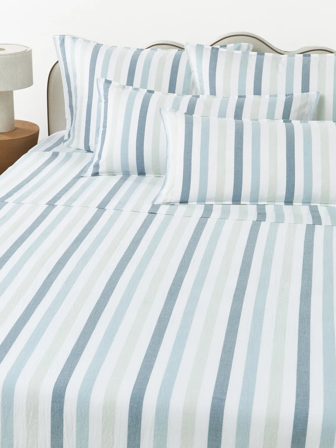 Sábanas|Fundas Nórdicas>Westwing Collection Sábana encimera de algodón Harriet Gris azulado, verde menta