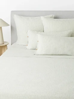 Sábanas|Fundas Nórdicas>Westwing Collection Sábana encimera de lino lavado con rayas finas Rinna Verde oliva, blanco