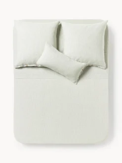 Sábanas|Fundas Nórdicas>Westwing Collection Sábana encimera de lino lavado con rayas finas Rinna Verde oliva, blanco