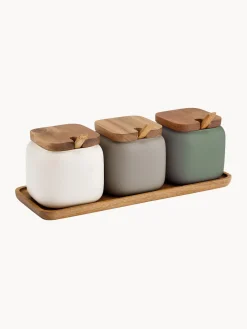 Botes De Cocina|Almacenaje De Cocina>ladelle Set de especias con bandeja de servir Essentials, 4 pzas. Greige, verde salvia, blancoOff White, madera de acacia