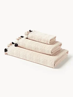 Toallas|Mantas>Westwing Collection Set de toallas de terciopelo con flecos Tallulah, tamaños diferentes Beige, tonos blancos y beige