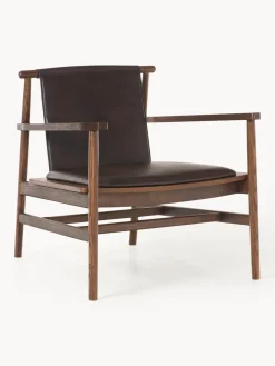 Sillones Pequeños|Sillones>Westwing Collection Silla con reposabrazos de madera de fresno y asiento de cuero Hayo Cuero marrón oscuro, madera de fresno aceitada en marrón