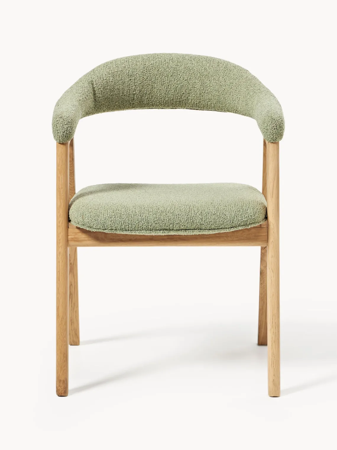 Sillas Con Reposabrazos|Sillas>Westwing Collection Silla con reposabrazos tapizada en tejido bouclé Nik Bouclé verde salvia, madera de roble barnizada