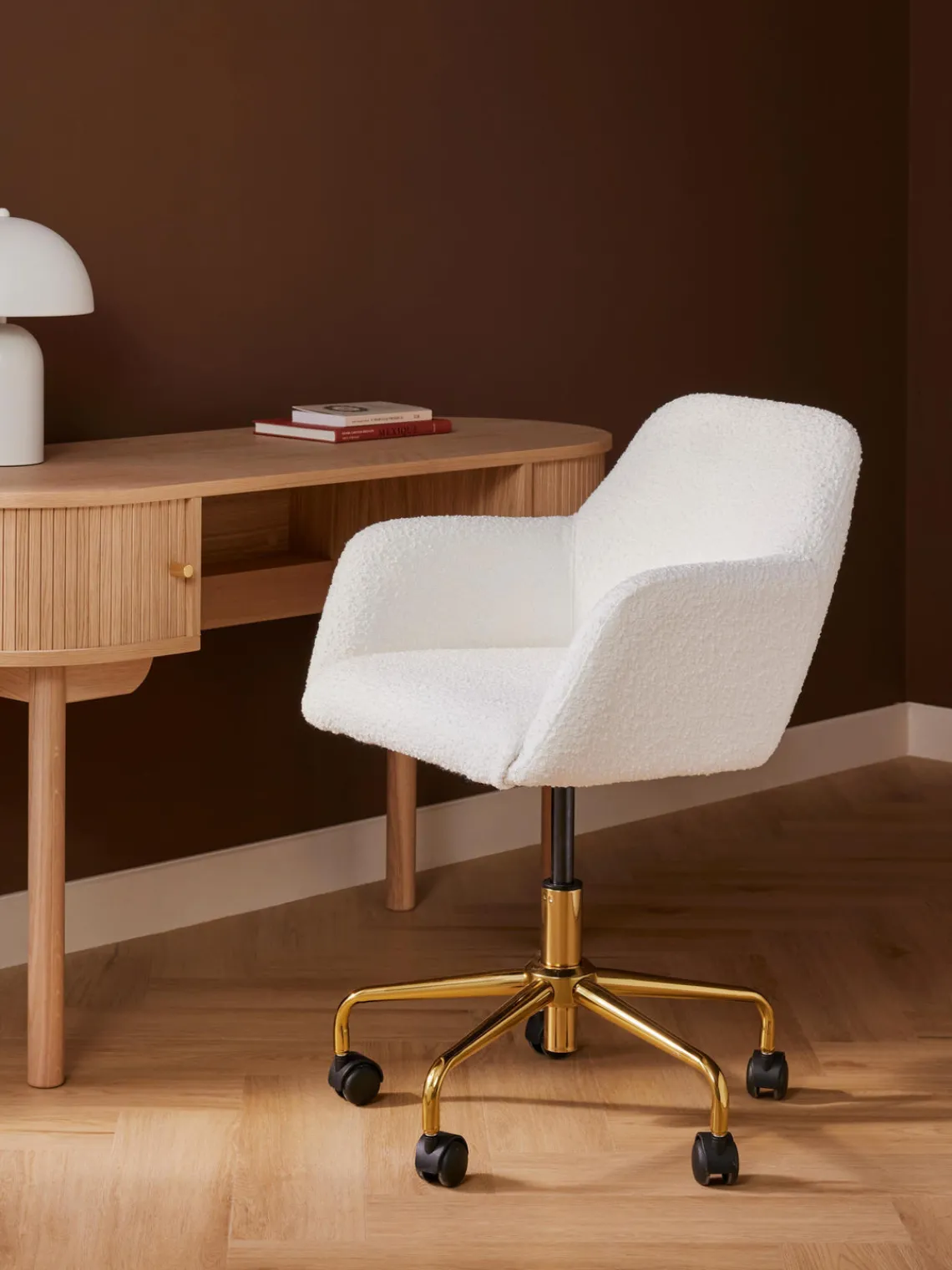 Sillas De Escritorio|Sillas De Escritorio>Westwing Collection Silla de escritorio en tejido bouclé Lucie Bouclé blanco, dorado