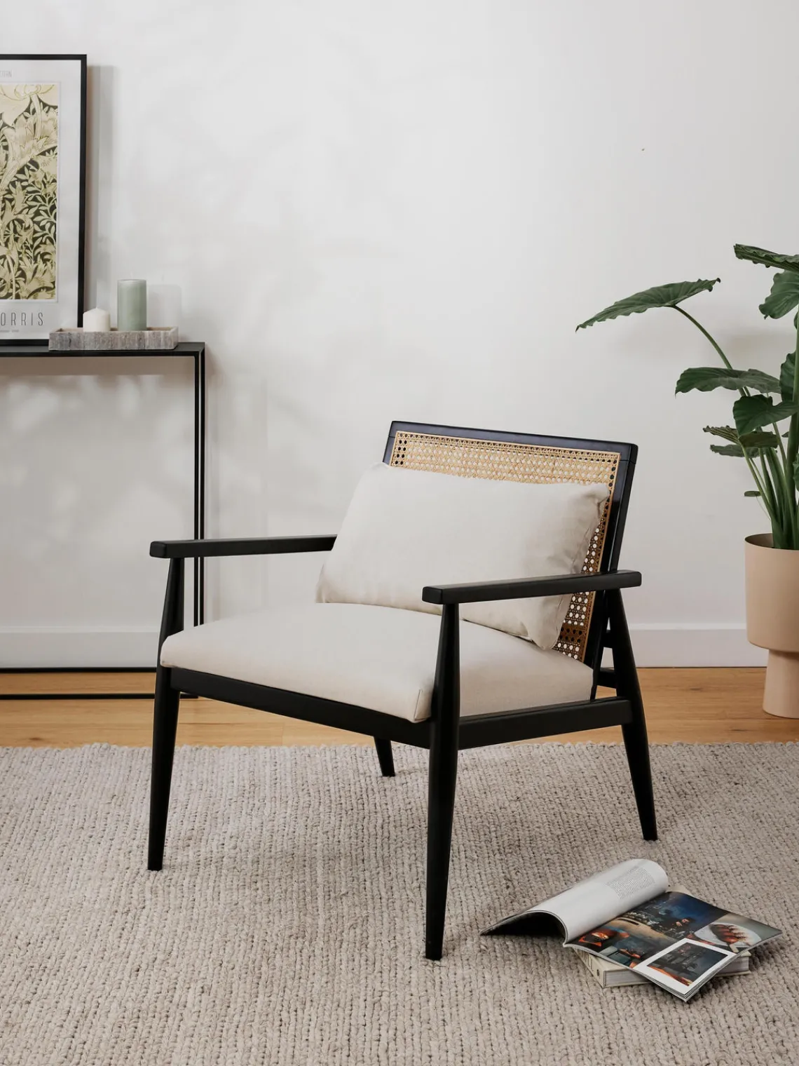 Sillones Pequeños|Sillones>Westwing Collection Sillón de madera de abedul maciza Manuell Tejido fino blanco Off White, negro