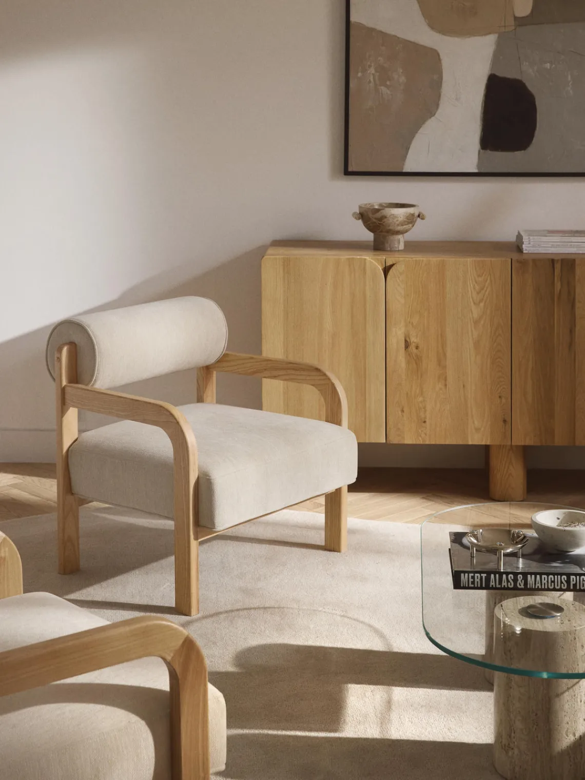 Sillones Pequeños|Sillones>Westwing Collection Sillón de madera de fresno Raymond Tejido beige, madera de fresno lacada