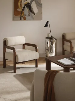 Sillones Pequeños|Sillones>Westwing Collection Sillón de madera de fresno Raymond Chenilla beige, madera de fresno lacada en marrón oscuro