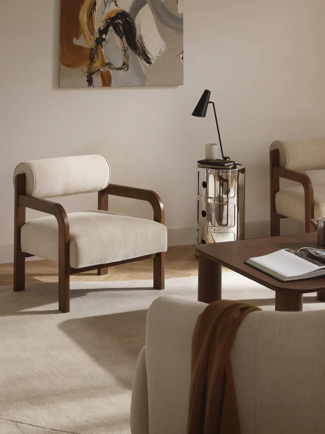 Sillones Pequeños|Sillones>Westwing Collection Sillón de madera de fresno Raymond Chenilla beige, madera de fresno lacada en marrón oscuro