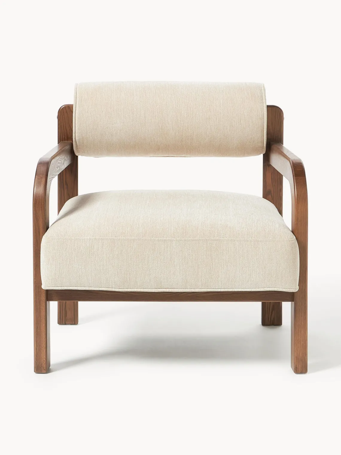 Sillones Pequeños|Sillones>Westwing Collection Sillón de madera de fresno Raymond Chenilla beige, madera de fresno lacada en marrón oscuro