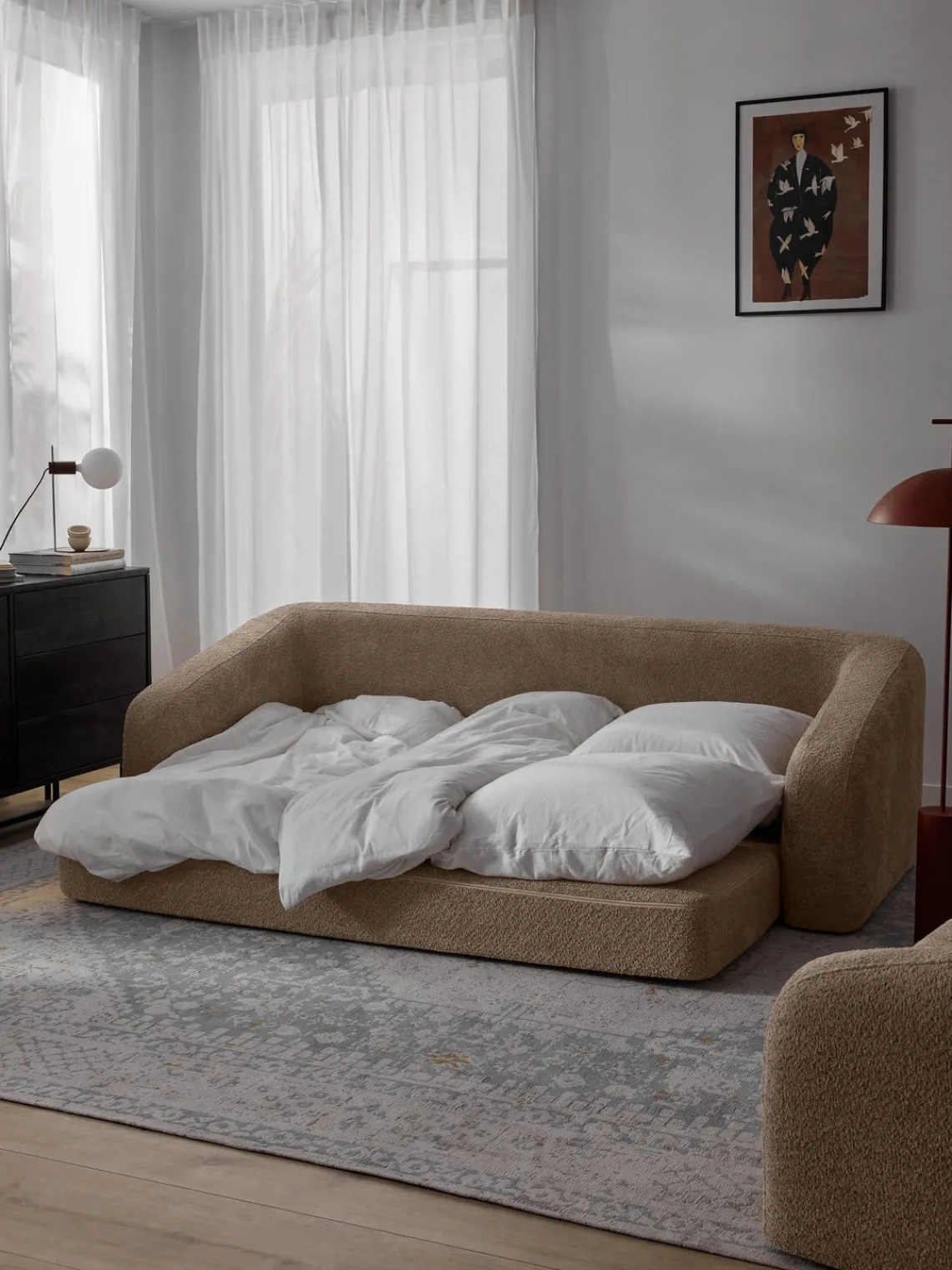 Sofás Cama|Sofás>Westwing Collection Sofá cama de borreguillo bouclé Eliot (3 plazas) Borreguillo bouclé beige