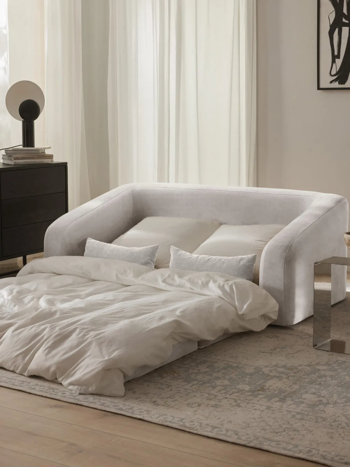 Sofás Cama|Sofás>Westwing Collection Sofá cama Eliot (2 plazas) Tejido aterciopelado blanco crema