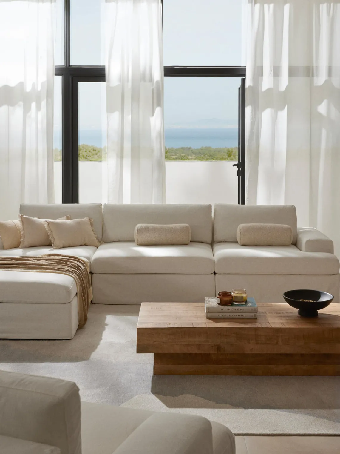 Sofás Rinconeras|Sofás>Westwing Collection Sofá modular con reposapiés izquierdo/derecho Russell (4 plazas), desenfundable Tejido blanco Off White jaspeado