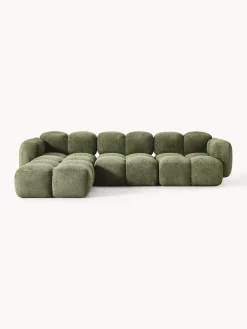 Sofás Rinconeras|Sofás>Westwing Collection Sofá modular de borreguillo bouclé con reposapiés Tayla (4 plazas) Borreguillo bouclé verde oscuro
