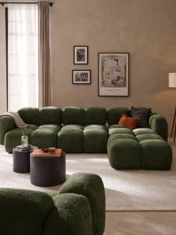 Sofás Rinconeras|Sofás>Westwing Collection Sofá modular de borreguillo bouclé con reposapiés Tayla (4 plazas) Borreguillo bouclé verde oscuro