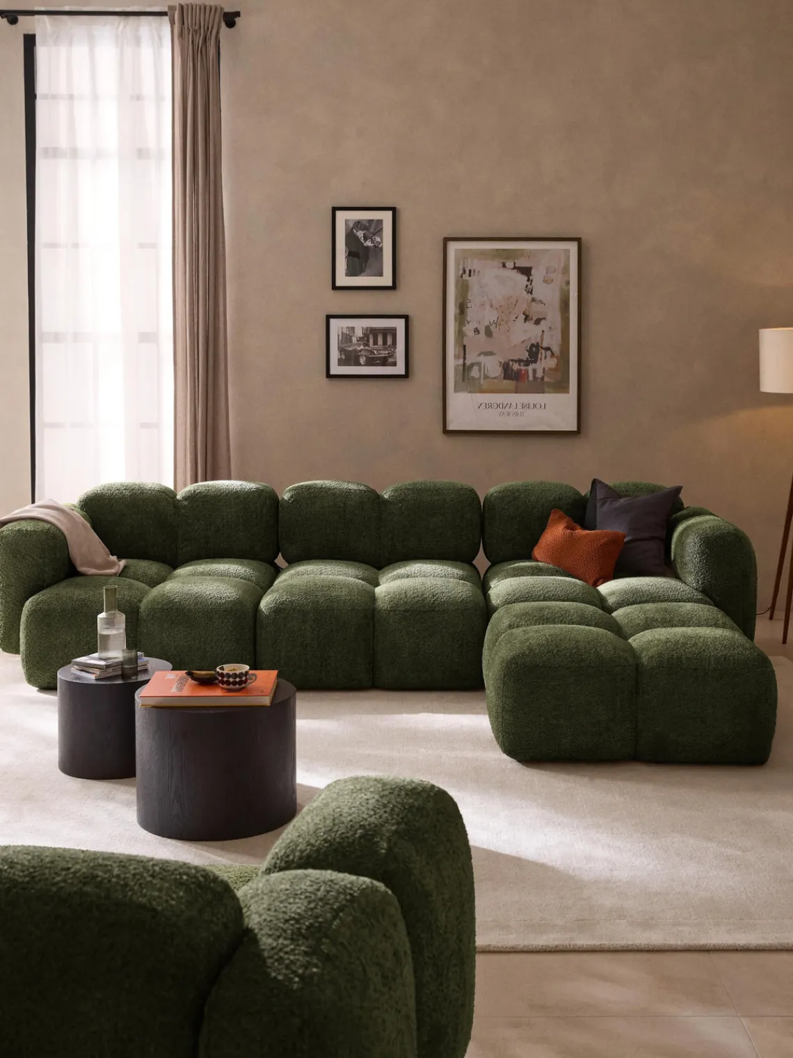 Sofás Rinconeras|Sofás>Westwing Collection Sofá modular de borreguillo bouclé con reposapiés Tayla (4 plazas) Borreguillo bouclé verde oscuro
