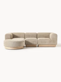 Sofás Rinconeras|Sofás>Westwing Collection Sofá modular de borreguillo bouclé con reposapiés Natalie (3 plazas, izquierda/derecha) Borreguillo bouclé beige, madera de haya clara