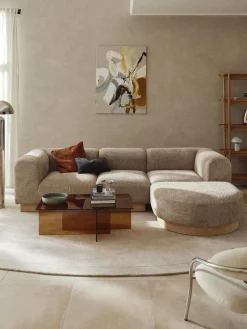 Sofás Rinconeras|Sofás>Westwing Collection Sofá modular de borreguillo bouclé con reposapiés Natalie (3 plazas, izquierda/derecha) Borreguillo bouclé beige, madera de haya clara